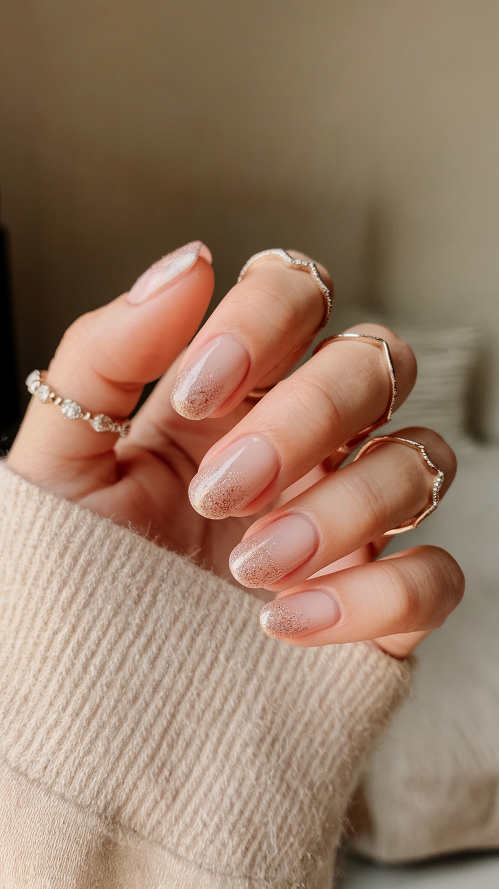 A hand with soft pink glitter nails, wearing delicate rings, against a cozy sweater background.