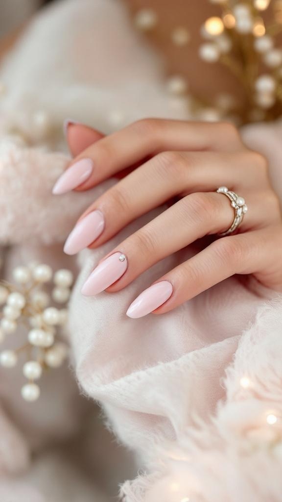 Soft pink wedding nails with pearl details