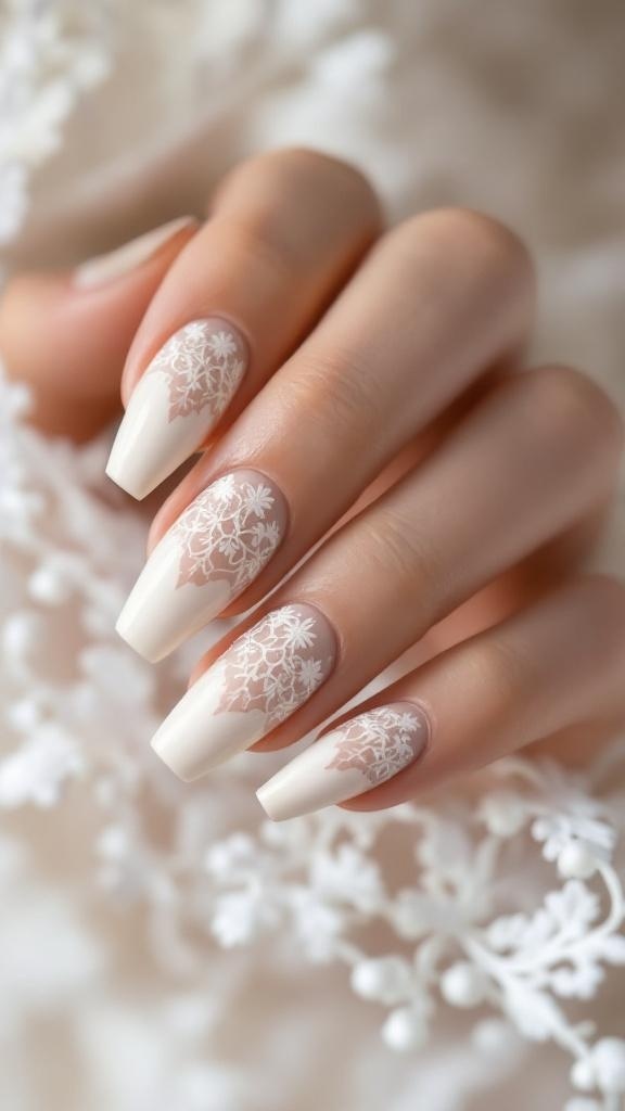Bridal nails featuring soft white lace patterns