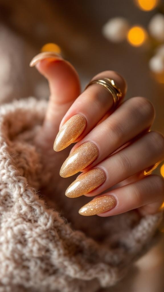 A hand with sparkling gold glitter almond nails, wearing rings, against a cozy background.