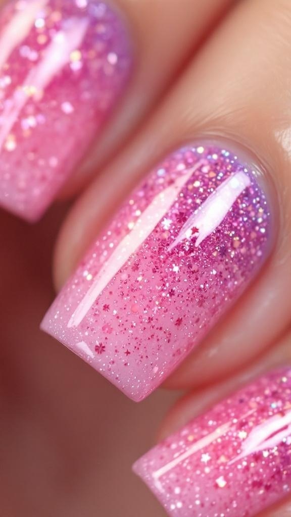 Close-up of sparkling ombre pink glitter nails with rings on fingers