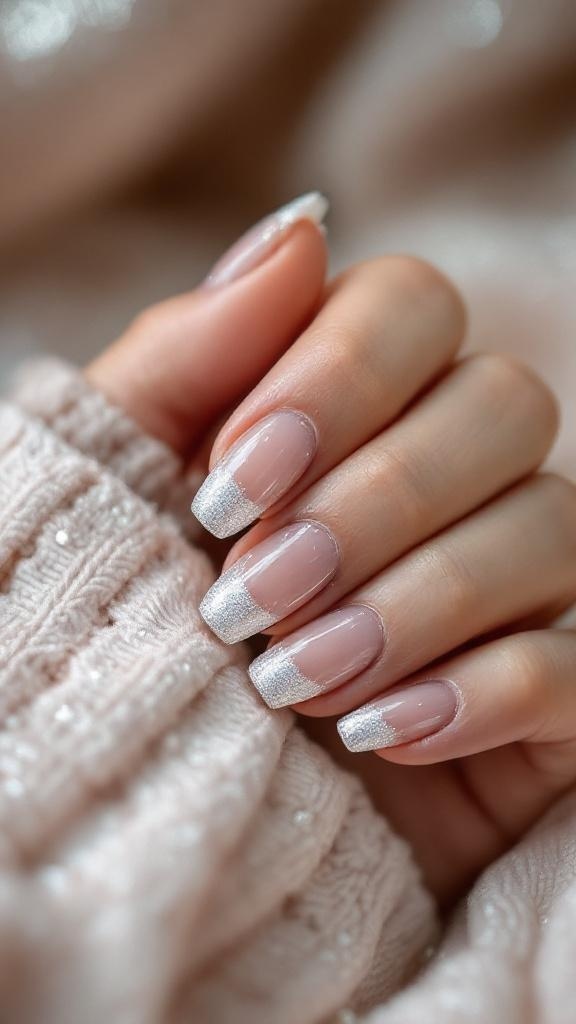 A close-up of a hand with sparkling silver glitter tips on nails, set against a soft, cozy background.