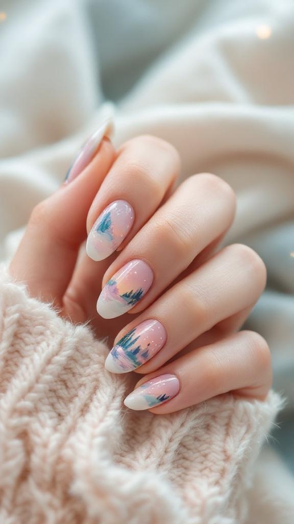 A hand with beautifully painted fairy nails featuring watercolor designs in pastel colors.