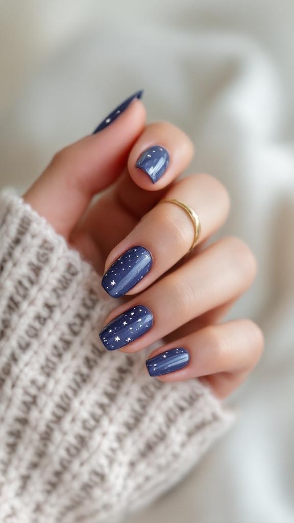 A hand with starry night-themed nails featuring deep blue polish and white glitter stars.