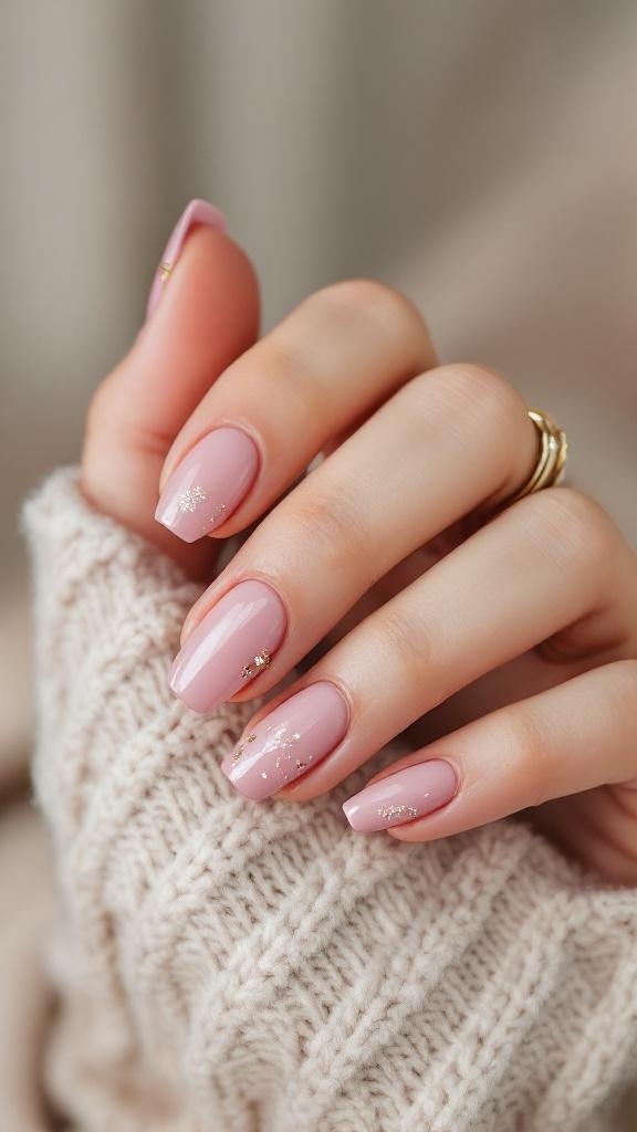 A close-up of a hand with stylish pink nails featuring glitter accents, resting on a cozy knitted sweater.