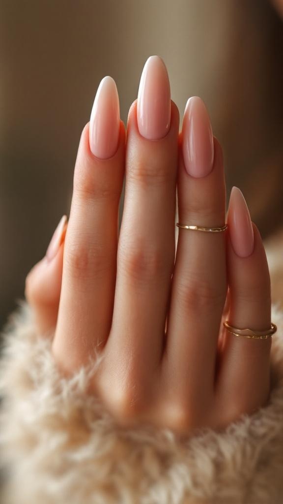 A close-up of a hand with stiletto nails in a soft nude color, showcasing their sharp and elegant shape.