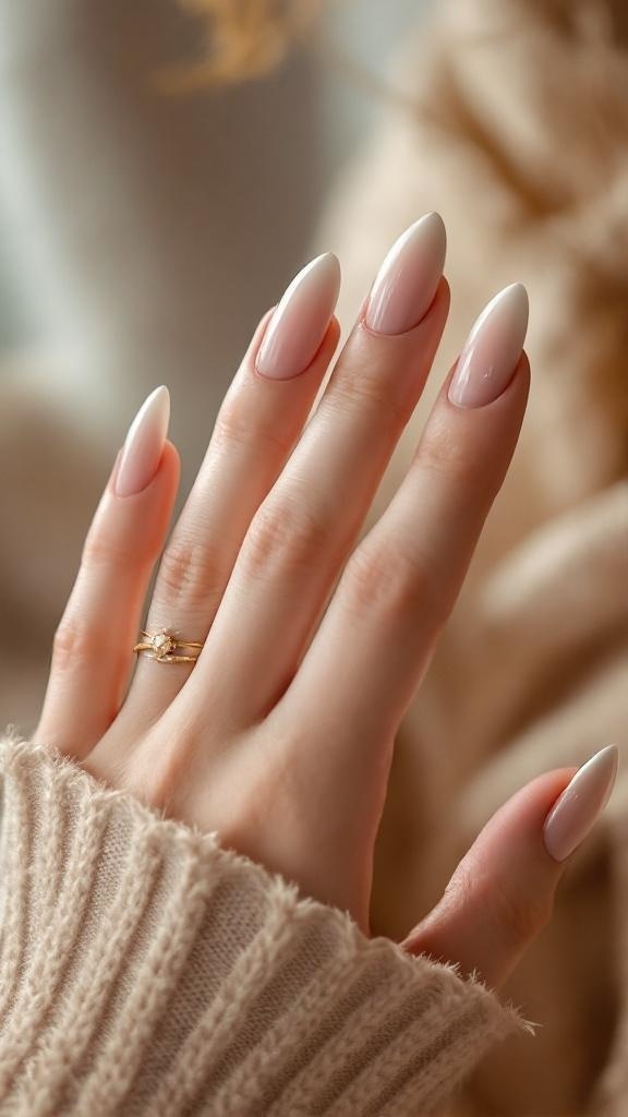 A hand with stiletto nails painted in a soft nude color, wearing a delicate ring, and resting on a cozy sweater.