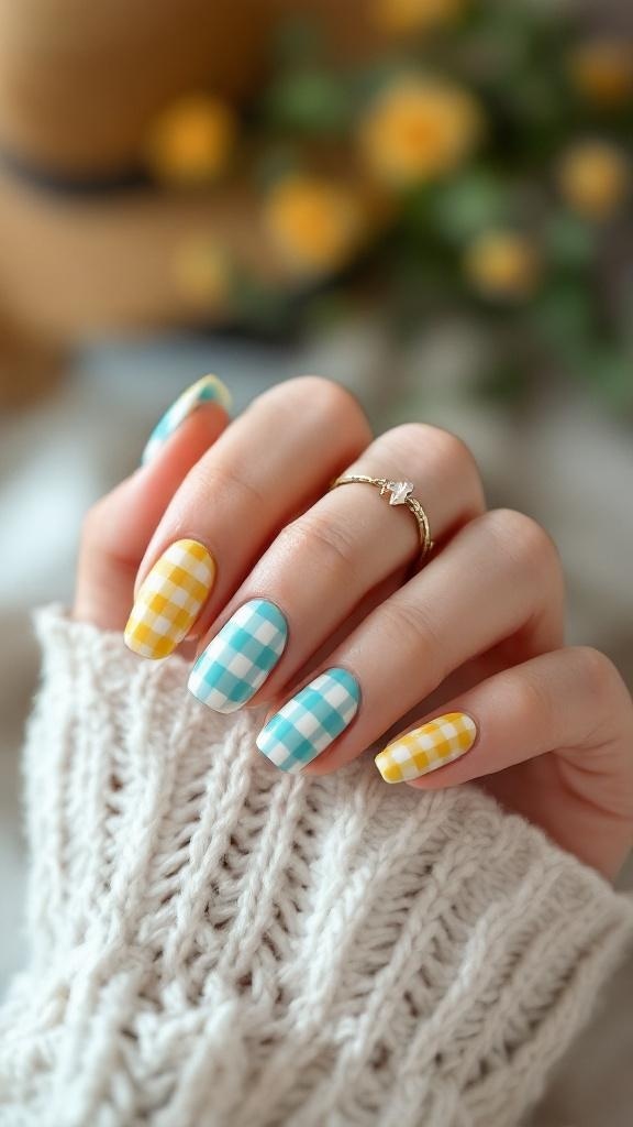 Colorful checkered nail art in yellow and blue with a cozy sweater background