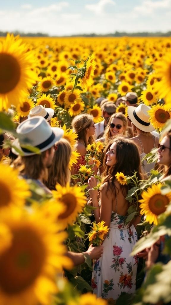 A gathering of people in a sunflower field, enjoying an outdoor event.