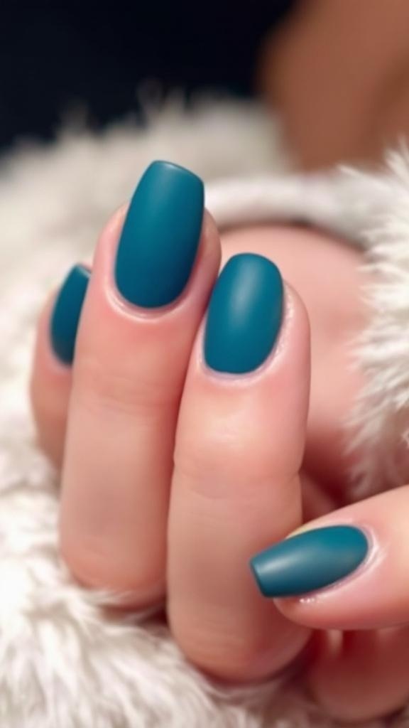 Teal blue acrylic nails with a matte finish, displayed against a soft, knitted sweater.