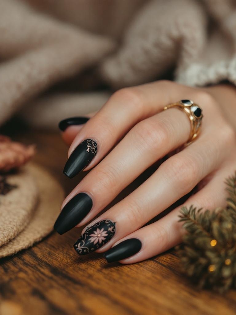 A hand with textured black nail art featuring a floral design on one nail.