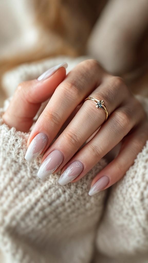 Close-up of a hand with short acrylic nails featuring a textured ombre design, resting on a cozy knitted sweater.