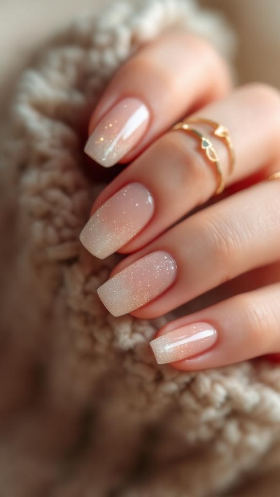 A hand with beautifully manicured nails featuring a nude base and glitter tips, adorned with gold rings.