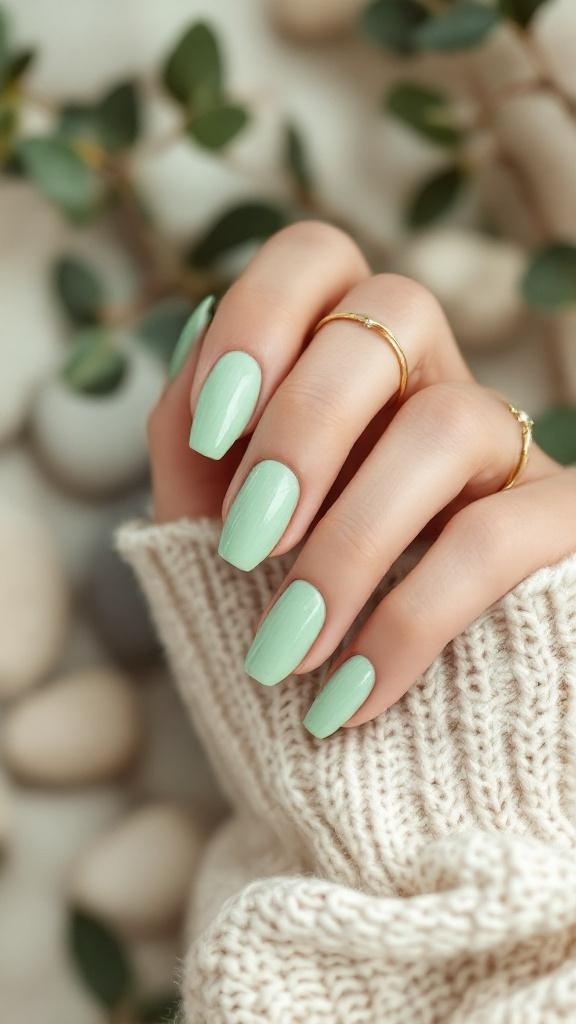 A hand with light green textured nails resting on a knitted sweater, surrounded by pebbles and greenery.
