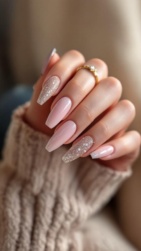 A close-up of beautifully manicured nails featuring a mix of soft pink and glittery accents.