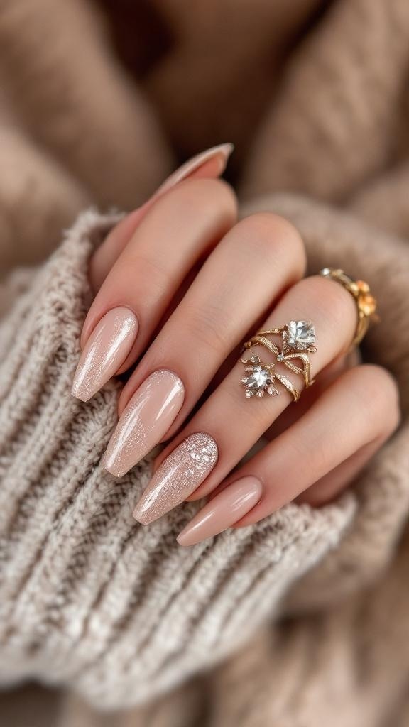 Close-up of short textured nails with a nude color and sparkling design, adorned with rings.