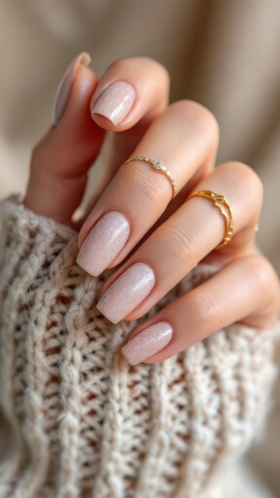 A hand with textured nails featuring a soft shimmer, adorned with delicate rings, resting on a knitted sweater.