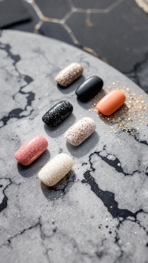 A hand with textured nails featuring matte and glitter finishes in various colors.