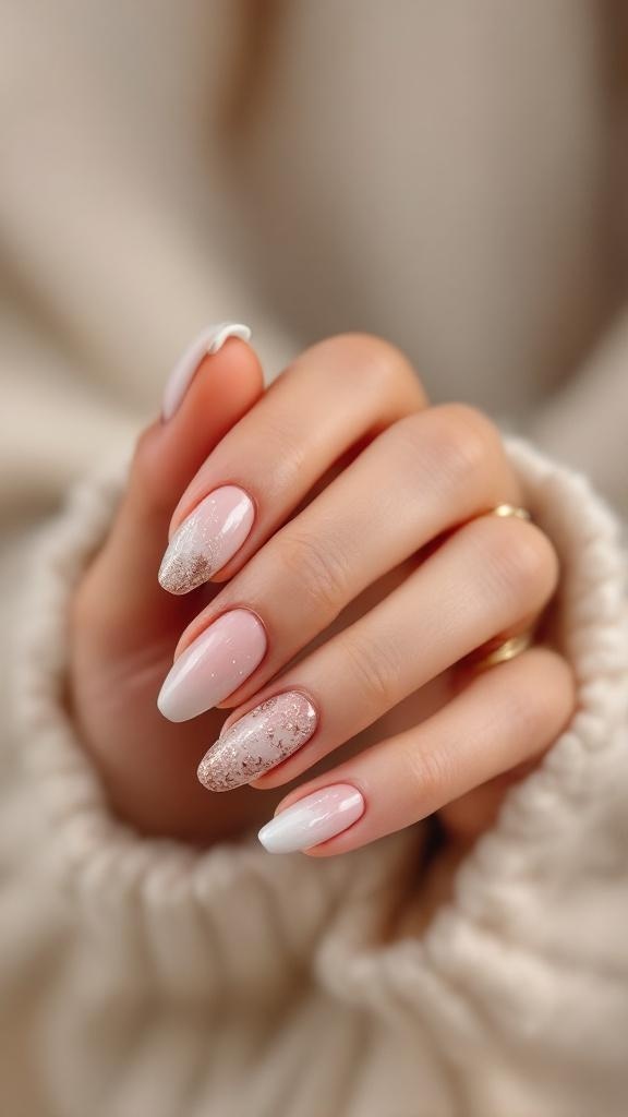 A close-up of beautifully manicured nails featuring soft pink and white colors with textured surfaces and glitter accents.