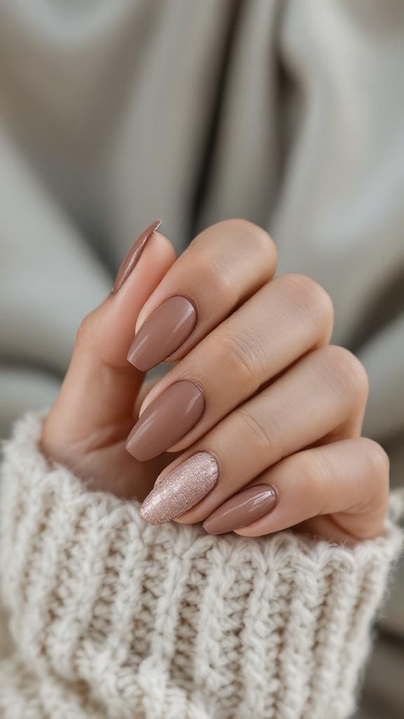 A hand showing textured nails with a neutral base and a glittery accent nail.