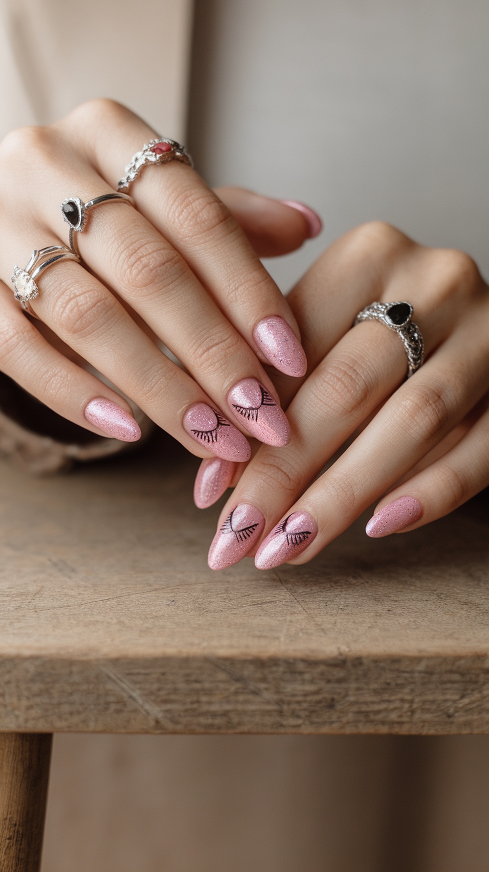 Close-up of hands with textured pink cat eye nail art and silver rings