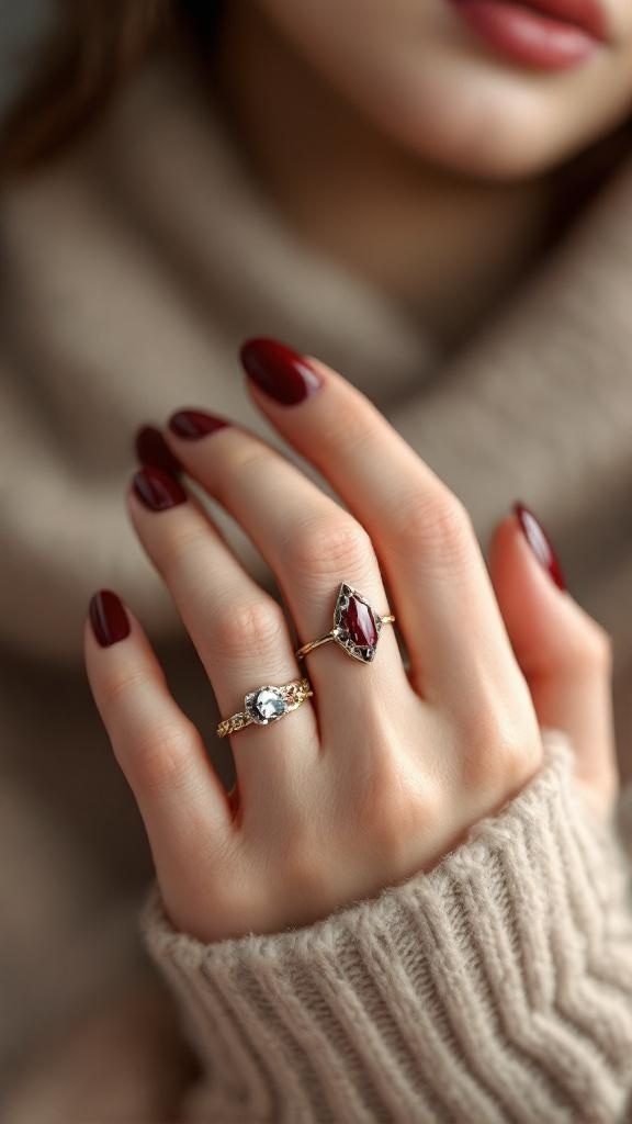 A close-up of dark cherry red nails adorned with elegant rings, showcasing a chic and stylish look.