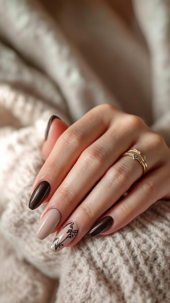 A hand with dark brown and beige nails, featuring a mix of glossy and matte finishes, along with delicate nail art.