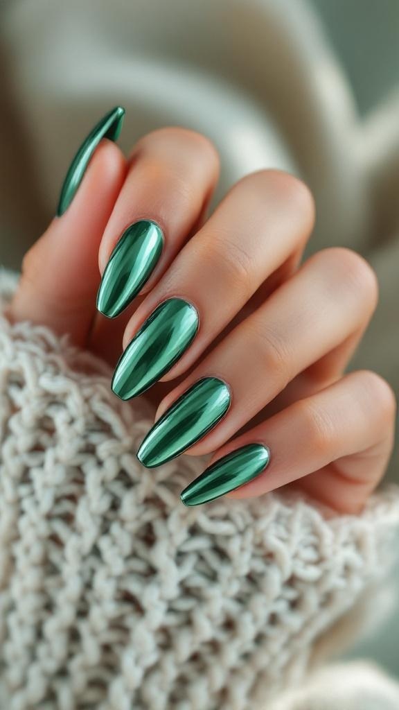 Close-up of hands with emerald green chrome nails, showcasing a shiny and elegant finish.