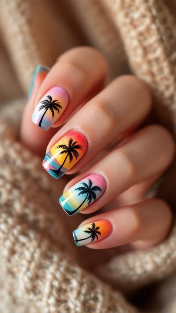 Nail art featuring a tropical sunset with palm trees