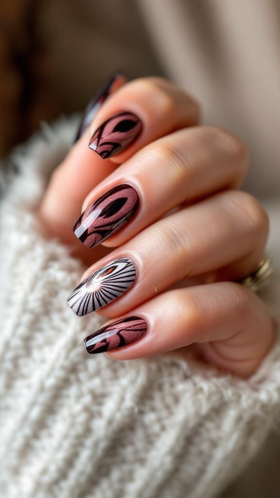 A close-up of cat eye nails featuring unique patterns and colors.