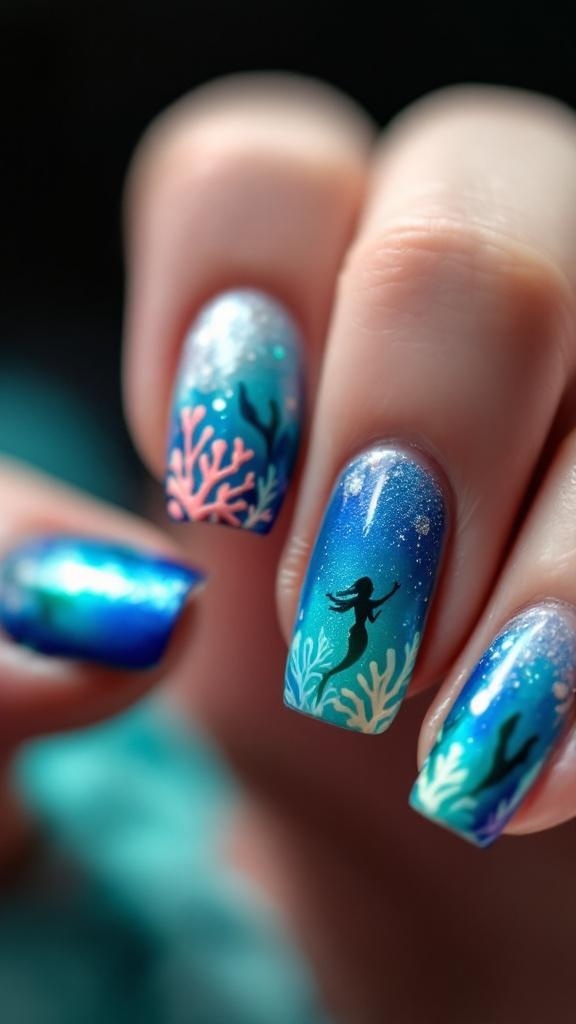 Nails with underwater fantasy design featuring blue gradient and coral patterns