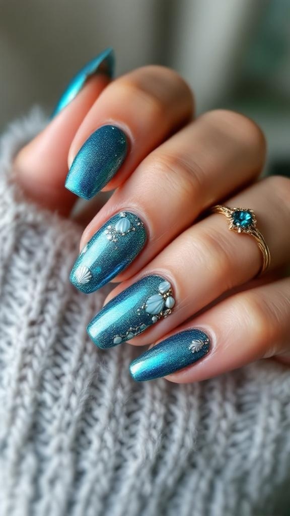 Close-up of teal mermaid-themed nails with shell designs and gems.