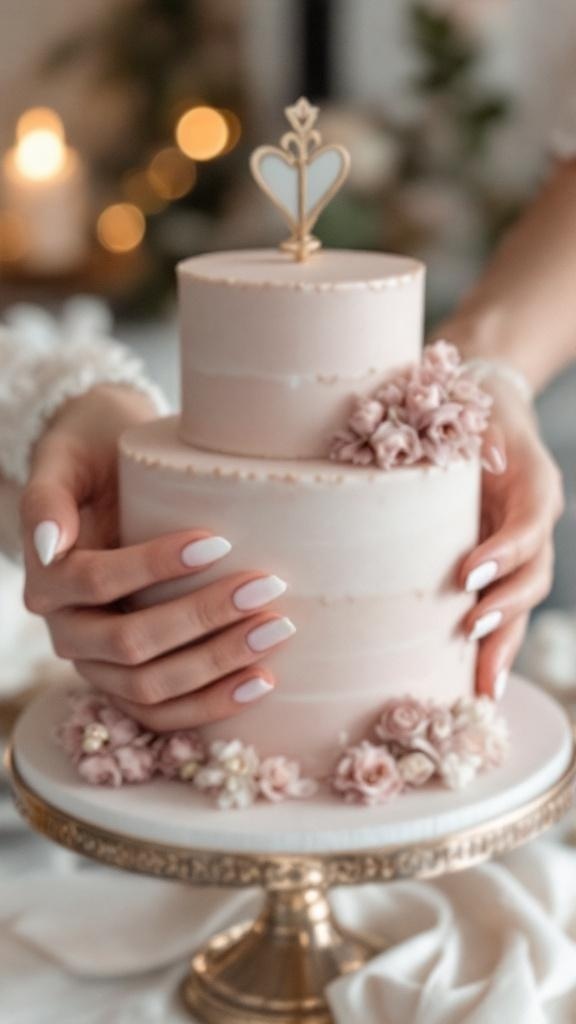 Elegant bridal nails with a French manicure featuring a soft pink base and white tips, displayed on a marble pedestal.