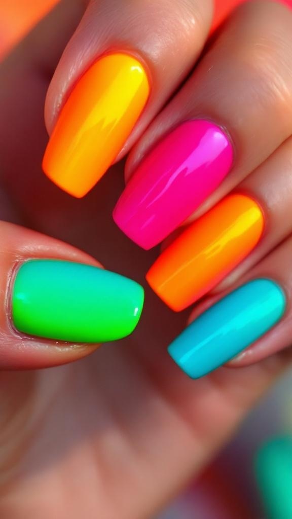 Close-up of hands with short nails painted in vibrant pink and blue ombre, accessorized with rings.