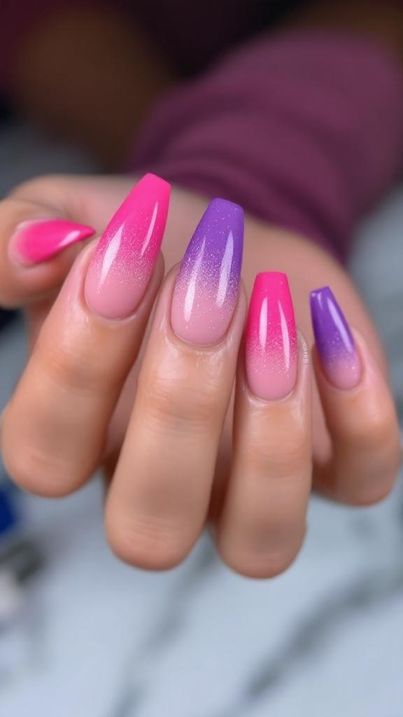 A close-up of beautifully designed ombre nails in shades of pink and purple.