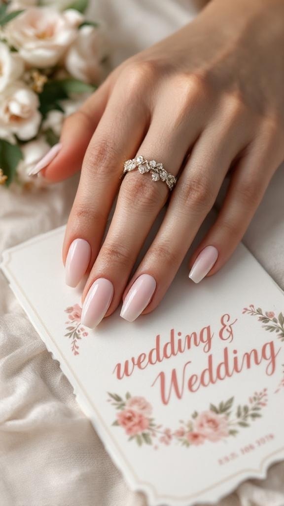 A hand with vintage-inspired pink nails holding a wedding invitation with floral designs.