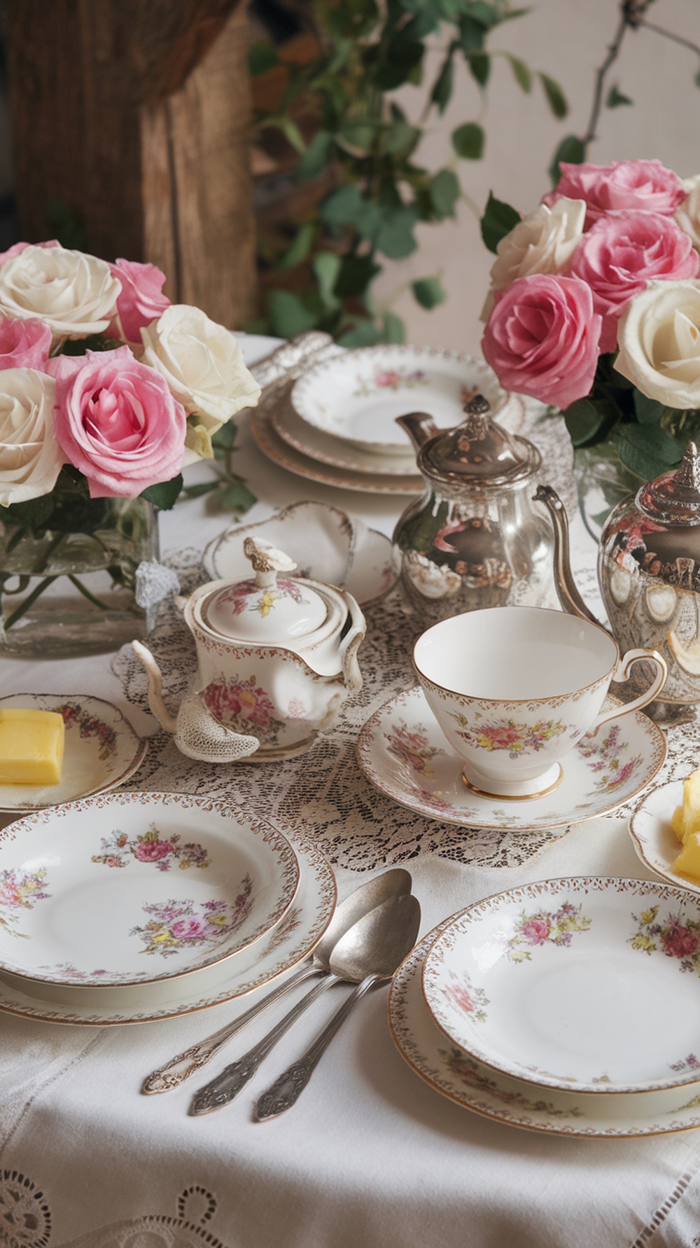 A beautifully arranged vintage tea party table with china, silverware, and pink roses.