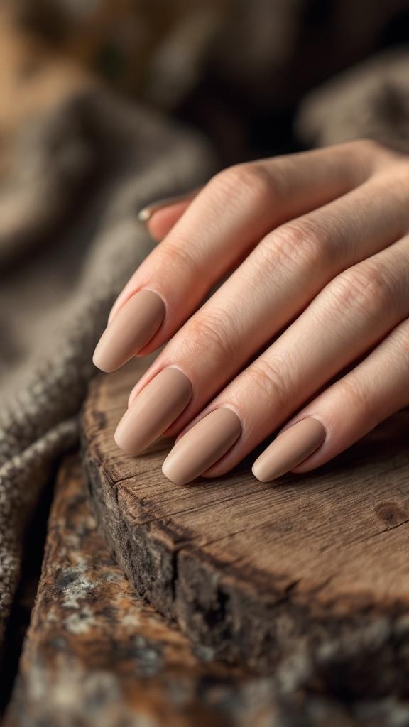 A close-up of hands with warm taupe matte finish nails resting on a wooden surface.
