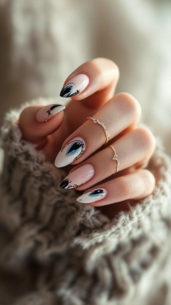 A close-up of hands with cat eye nails featuring a mix of colors and a glossy finish.