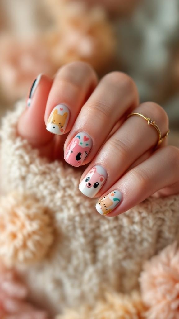 Colorful nails featuring whimsical cartoon characters and hearts.