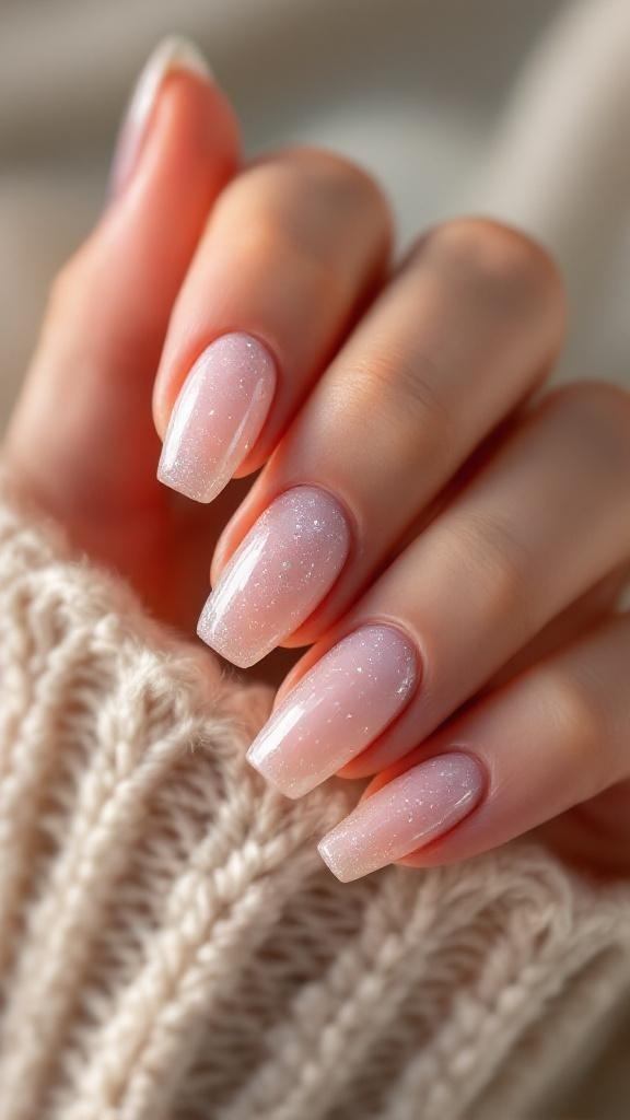 A close-up of hands with fairy dust nails featuring a soft pink base and shimmering tips, resting on a cozy knit sweater.