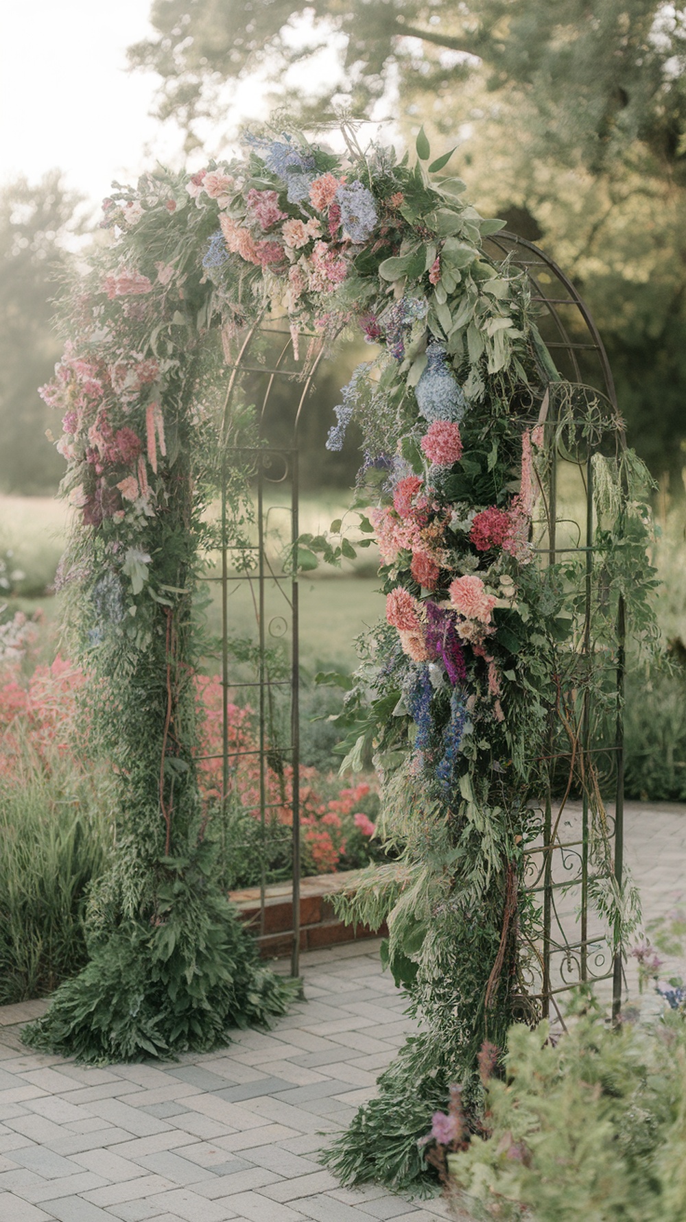 A floral arch decorated with colorful flowers and greenery, set in a garden.