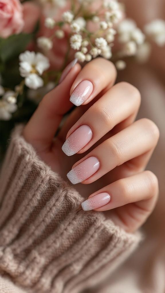 A hand with pink nails featuring glitter tips, resting on a cozy sweater with flowers in the background.