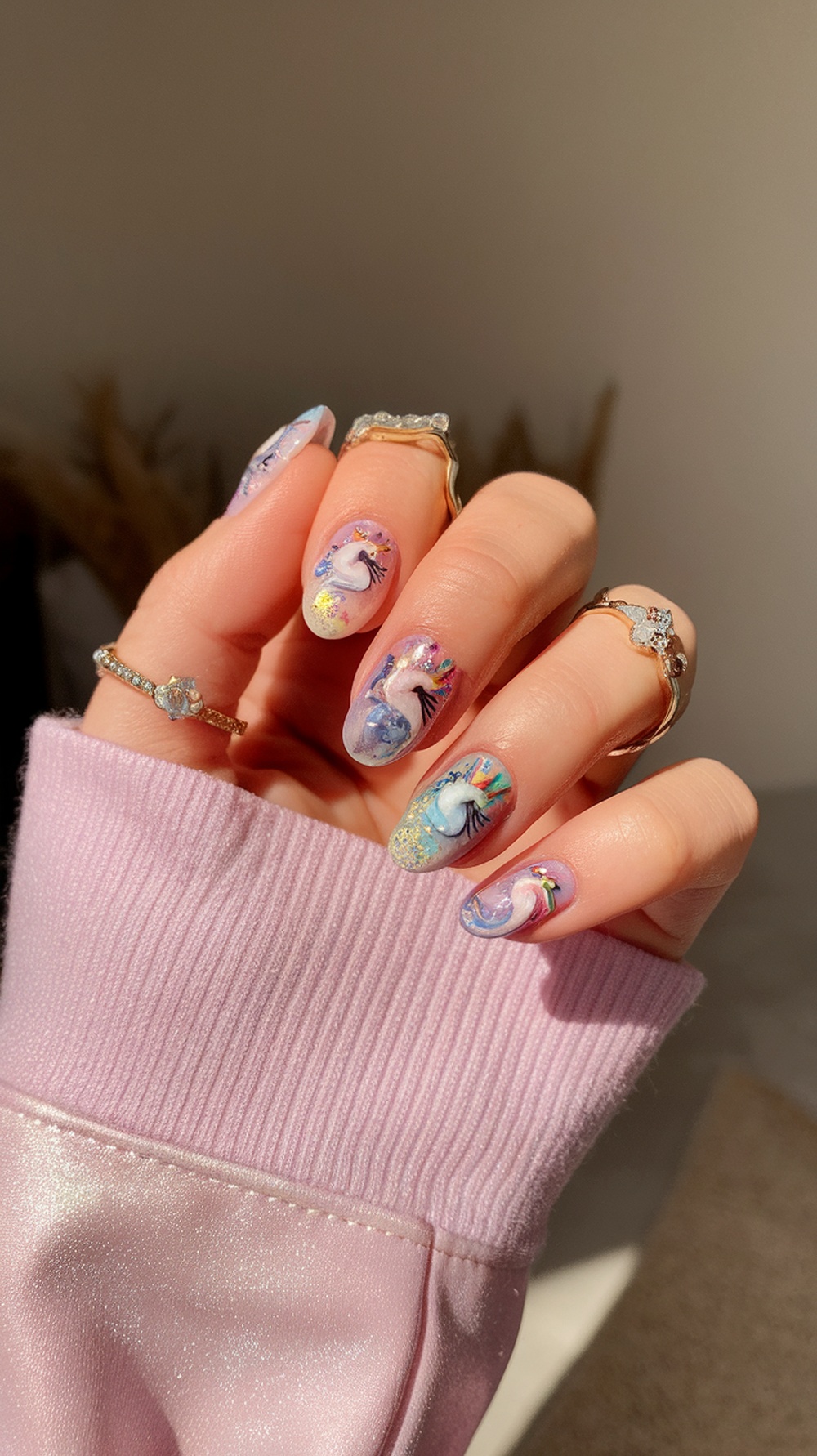 Colorful unicorn nail art with pastel backgrounds and sparkling accents