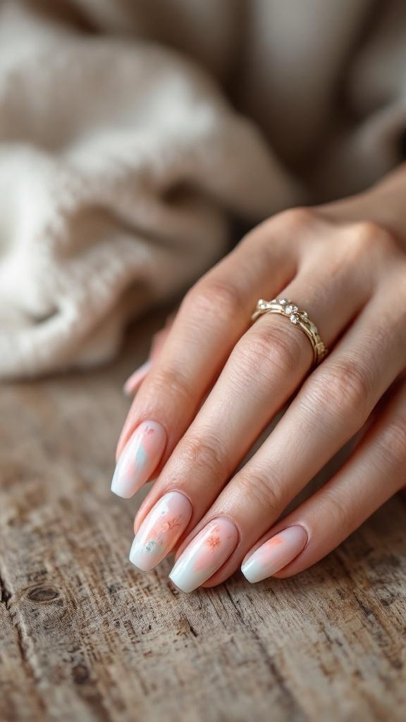 A close-up of a hand with whimsical watercolor design bridal nails featuring soft pink and blue hues.