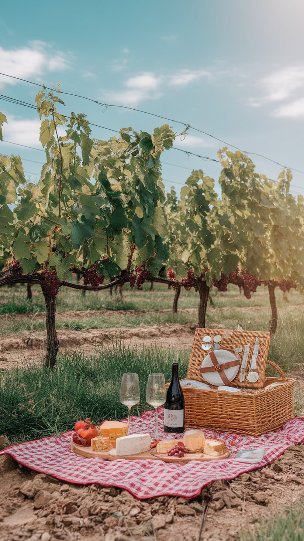 A picnic setup in a vineyard with wine, cheese, and fruits on a blanket.