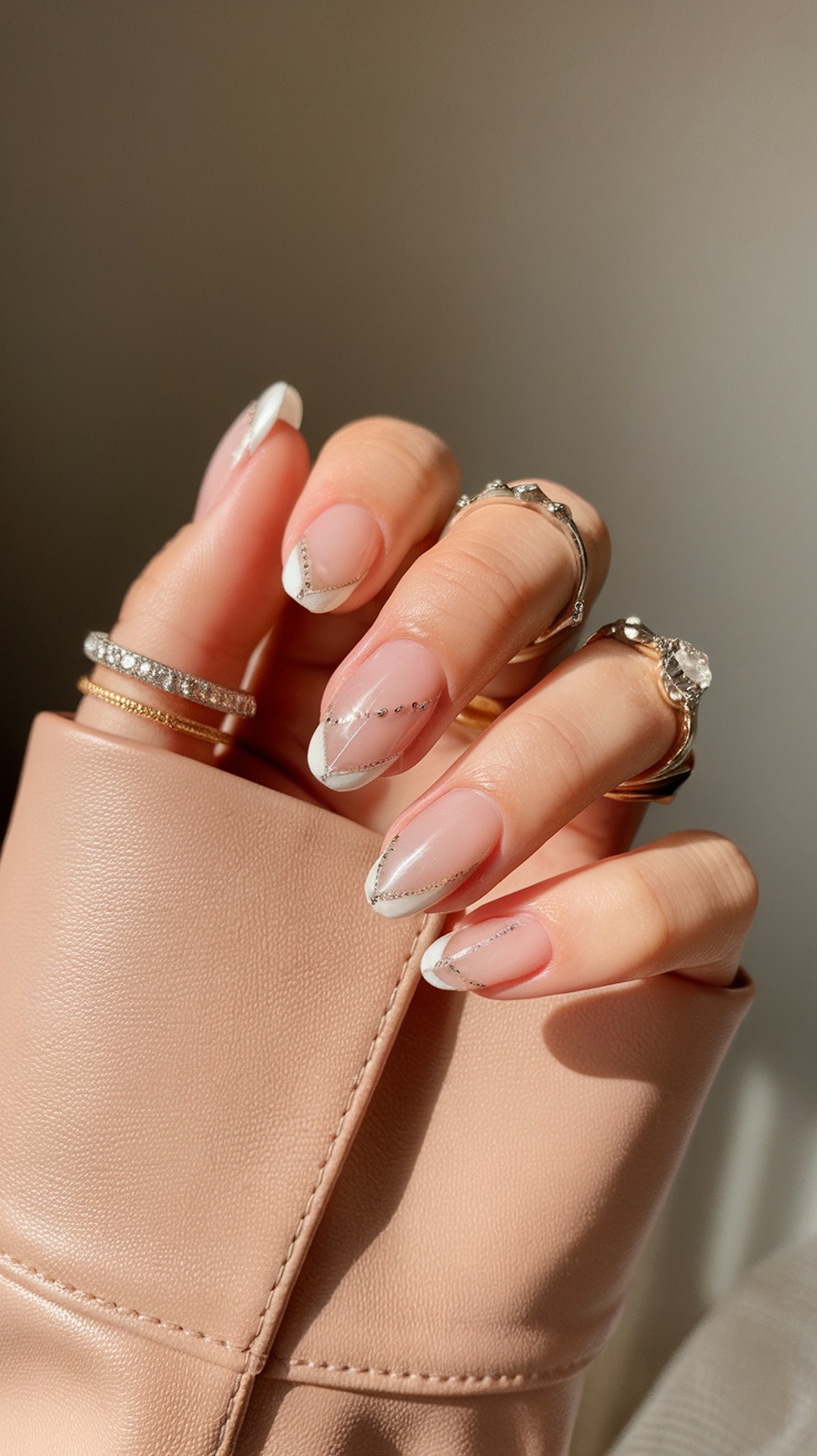 Close-up of elegantly manicured nails with a unique French tip design and rings on fingers.