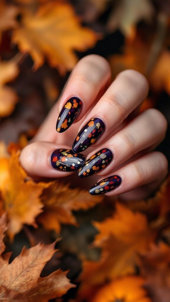 A close-up of elegantly manicured nails with a nude base and metallic tips, adorned with rings.