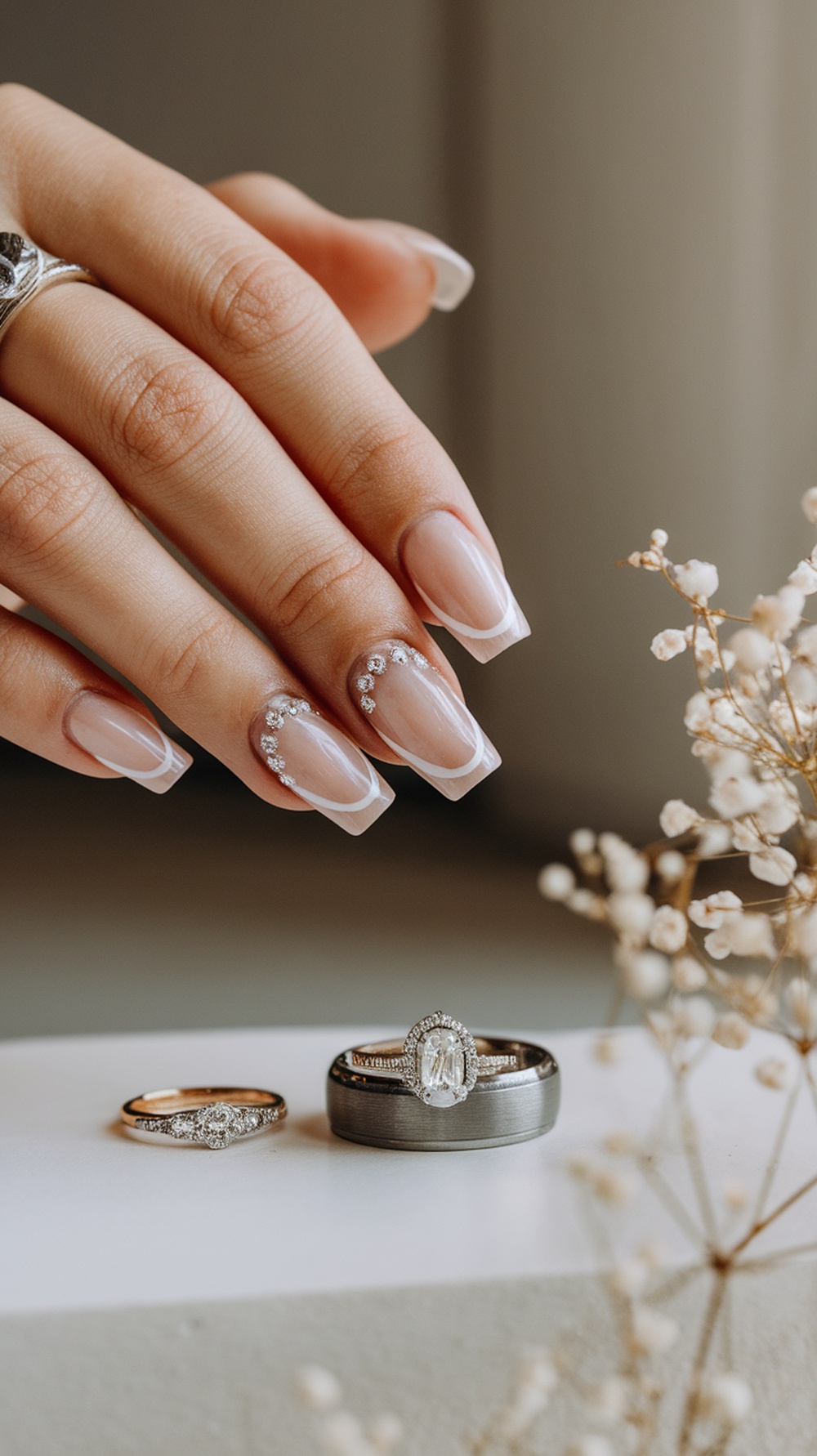 Close-up of a hand with classic French tip nails, adorned with rhinestones, next to wedding rings.