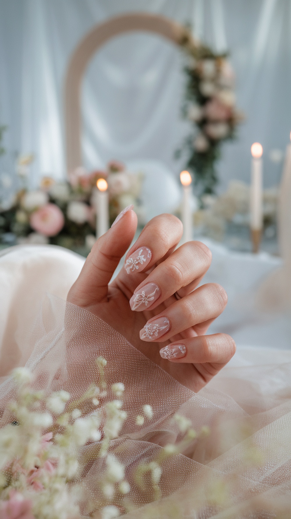 A close-up of a hand with floral nail art, set against a romantic wedding backdrop.